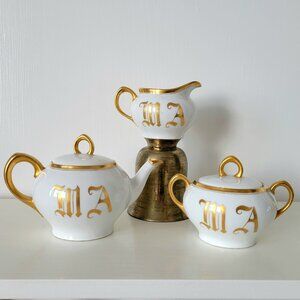 Vintage Z.S. & Co. Teapot, creamer & sugar set - White & Gold